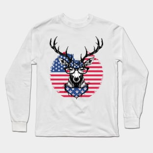 American flag Deer wearing glasses Long Sleeve T-Shirt